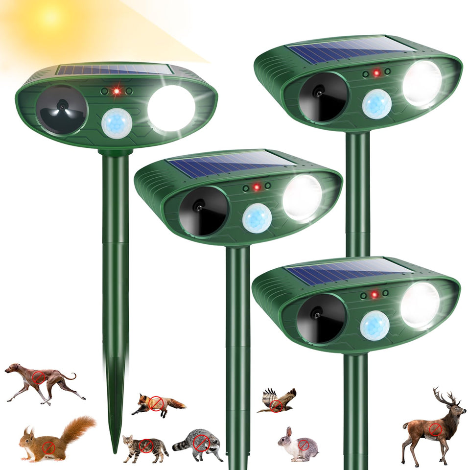 JahyElec solar ultrasonic animal repeller front view deterring garden pests