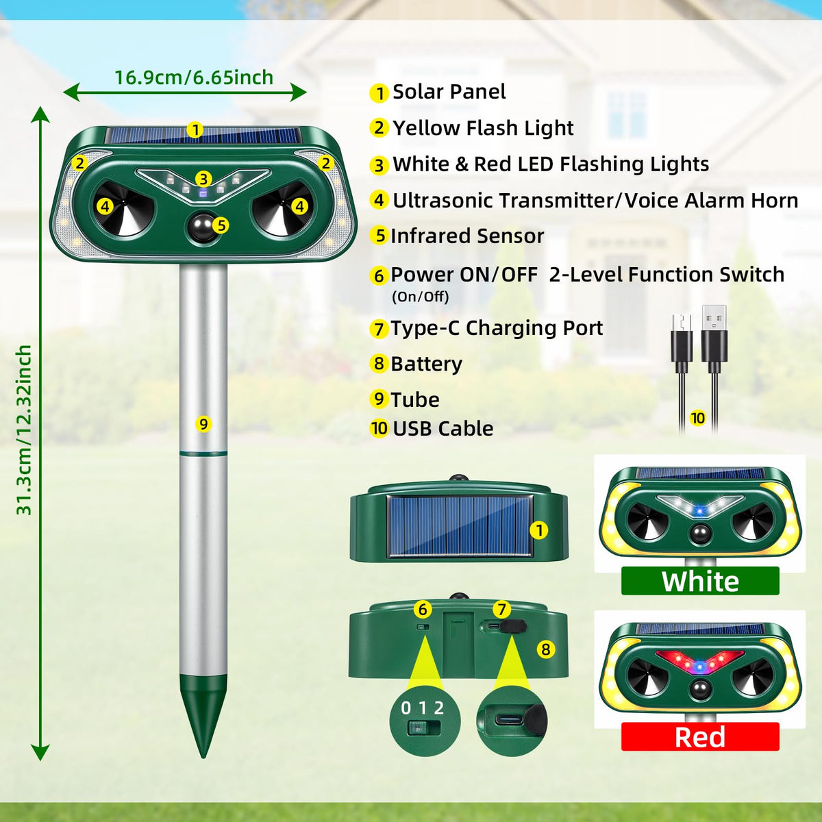 JahyElec Solar Ultrasonic Animal Repeller ground-mount 9-10in above ground for optimal range.