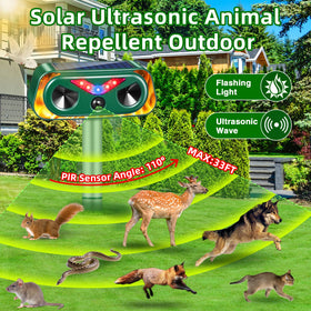 JahyElec Solar Ultrasonic Animal Repeller LED flashing deters animals at night.