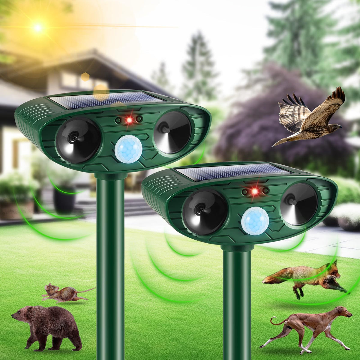 JahyElec solar ultrasonic repeller with motion sensor deters yard pests safely