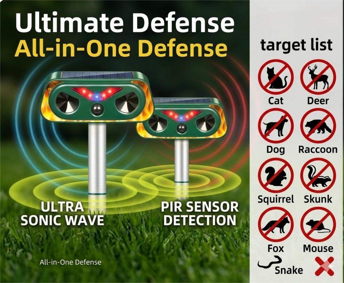JahyElec Solar Ultrasonic Animal Repeller side-view reduces wildlife visits to beds.