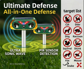 JahyElec Solar Ultrasonic Animal Repeller side-view reduces wildlife visits to beds.