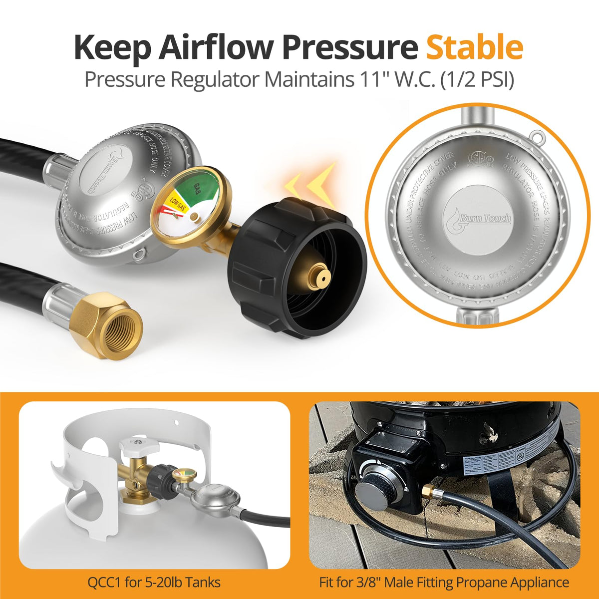 Jakivew 3/8-inch flare propane hose for quick, tool-free setup.