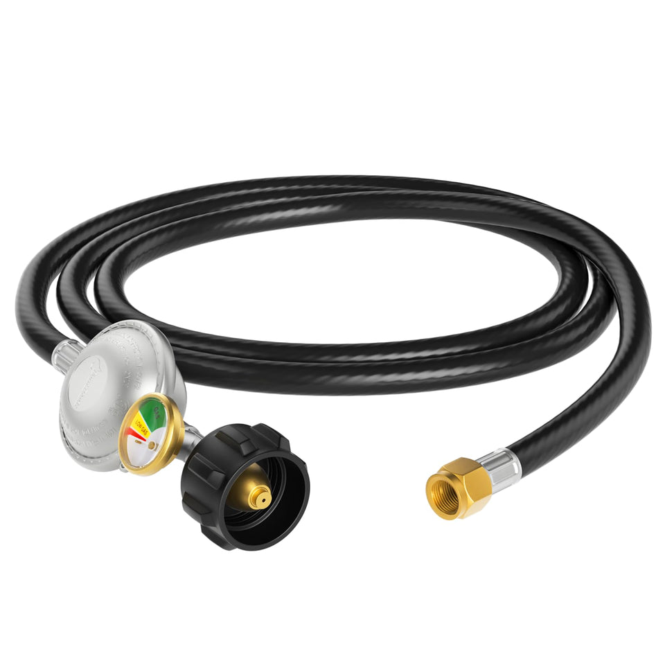 Jakivew 5ft hose with gauge for easy tank monitoring during grilling.