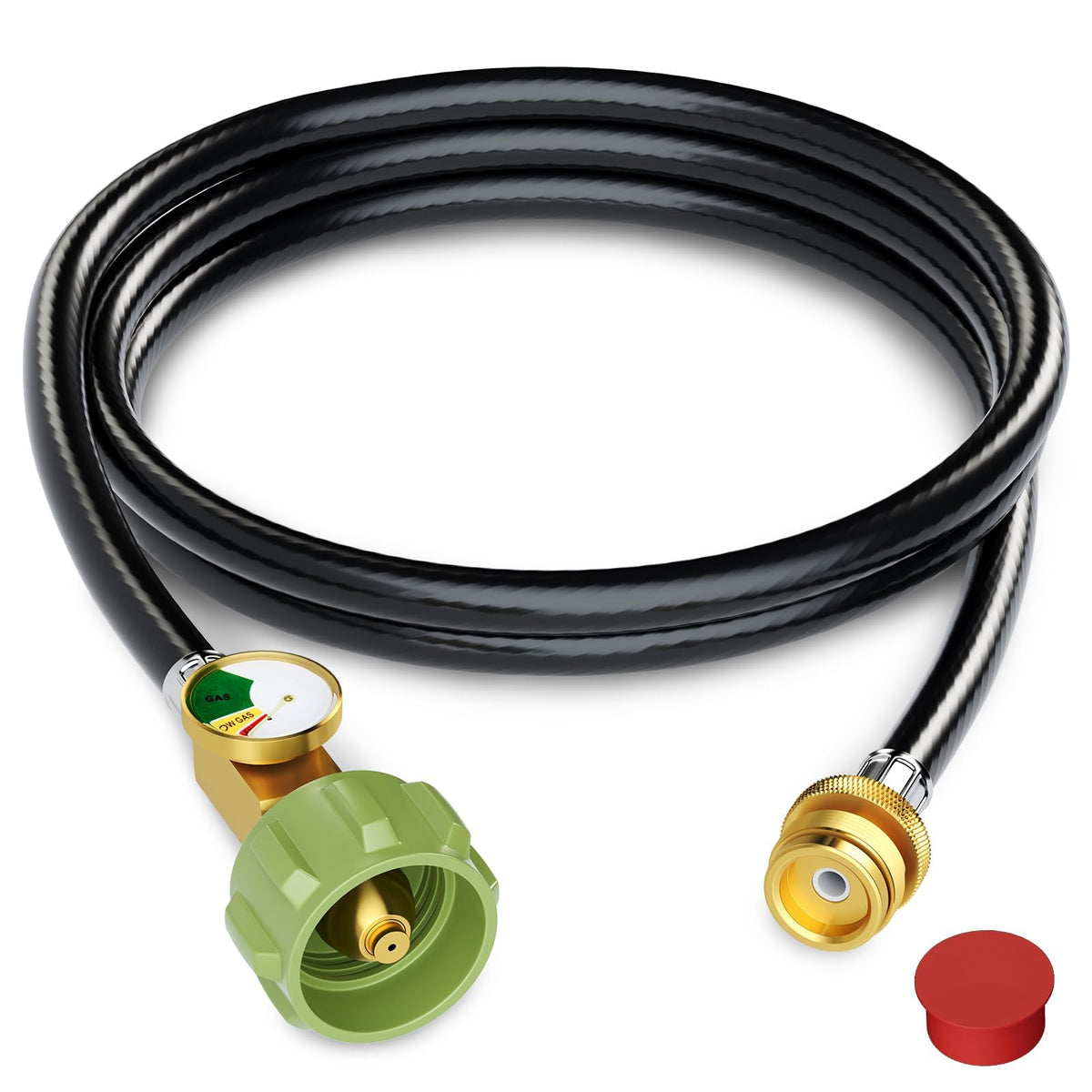 Jakivew 6ft hose with gauge enables quick fuel checks during grilling.