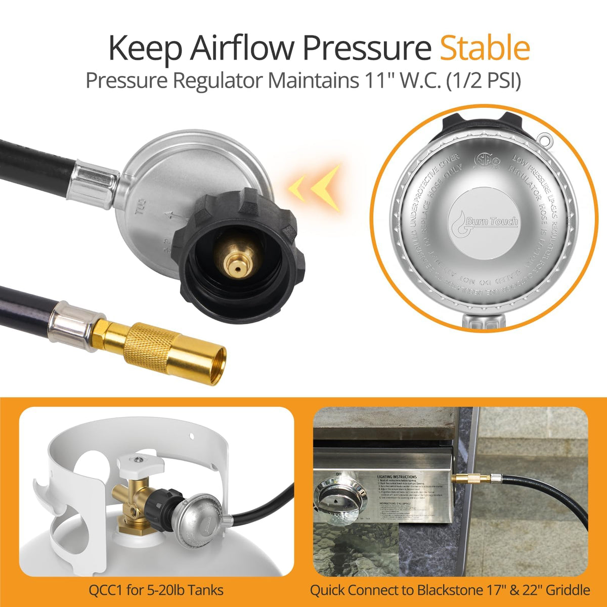 Jakivew regulator with 11 W.C. outlet maintains stable gas flow during cooking.