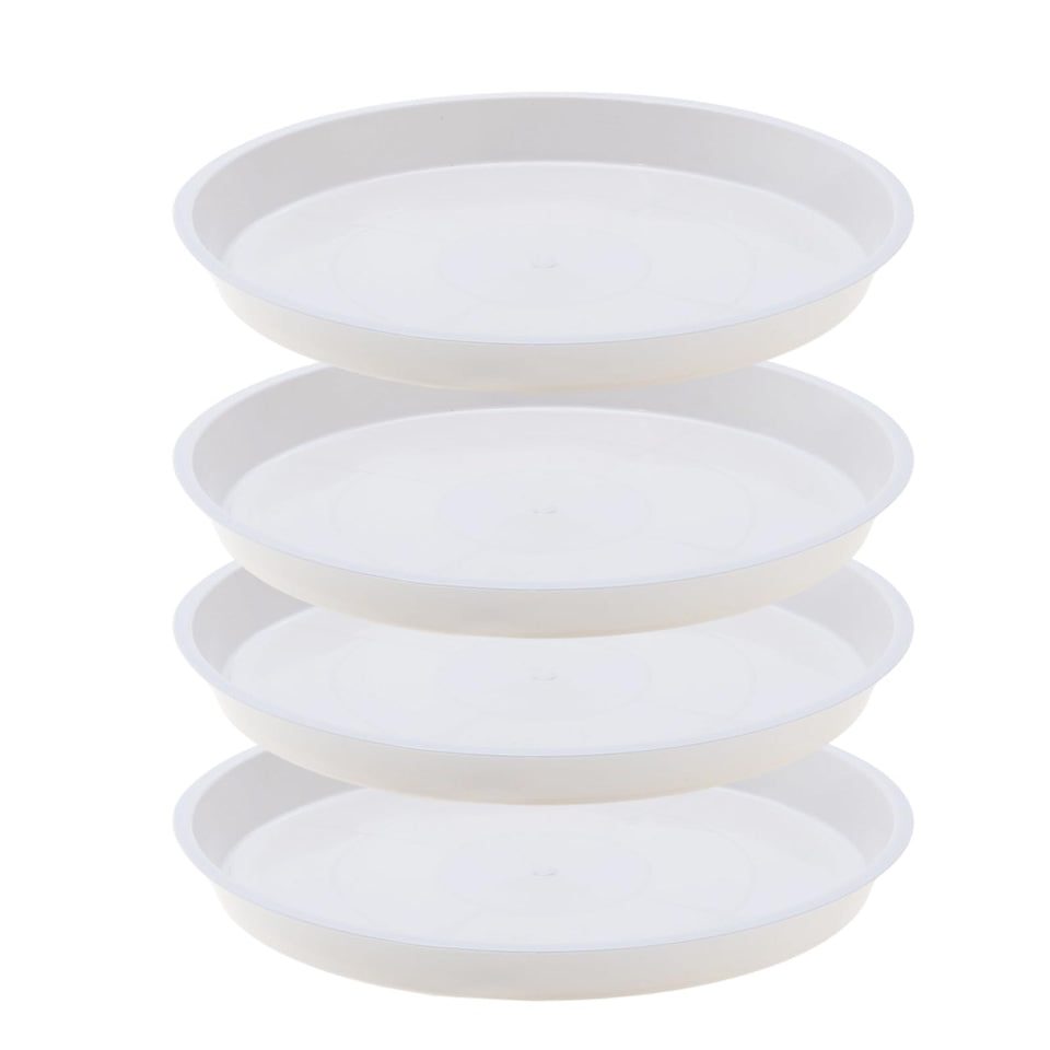 JAKOUE 4pc white plant saucers set for indoor pots with durable, clean styling.