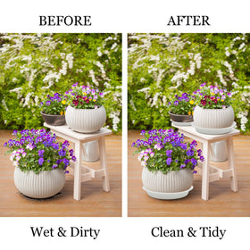 JAKOUE 6-inch white saucer works indoors and outdoors for versatility.