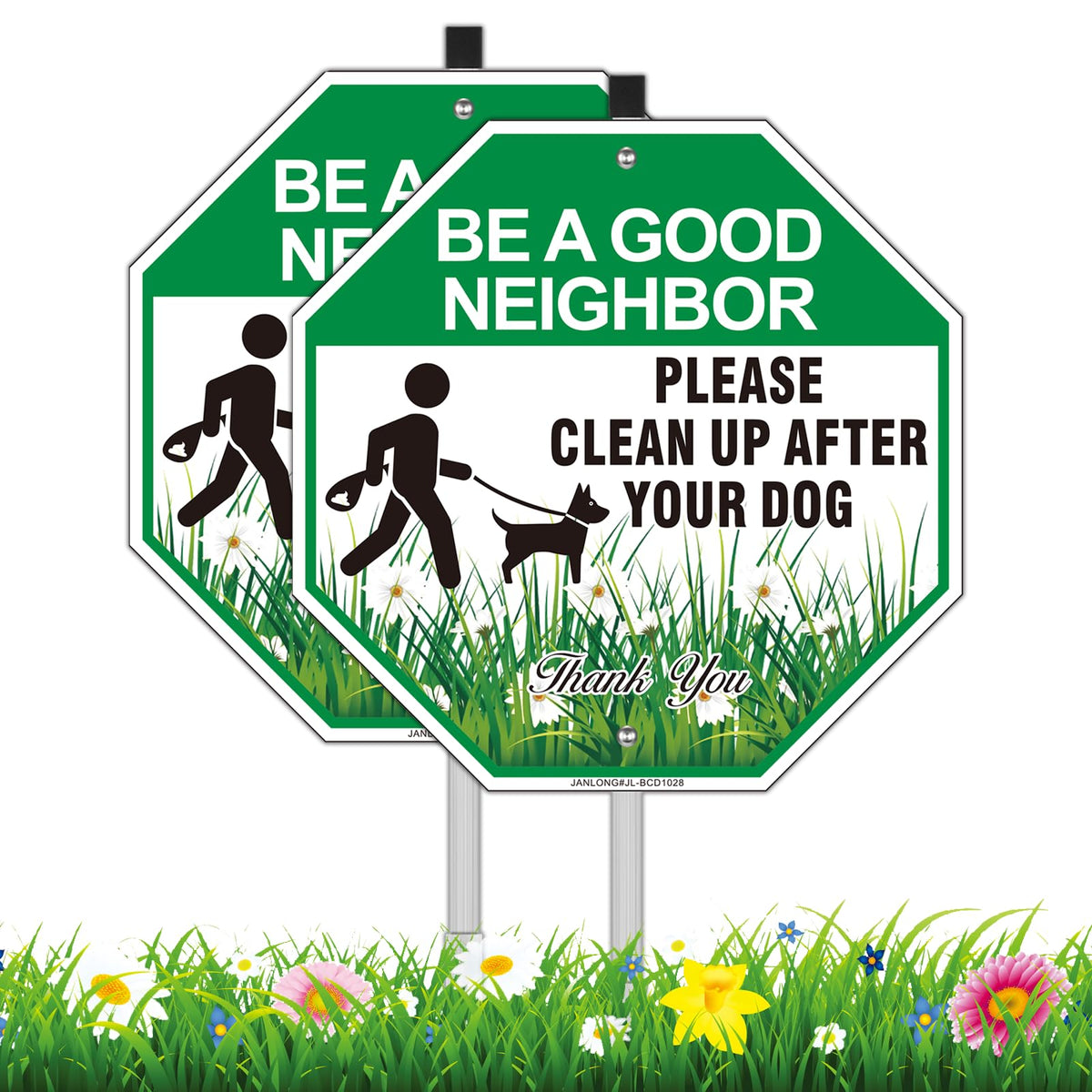 JANLONG Clean Up After Your Dog sign stake 2-pack 10x28 inches boosts curbside visibility.