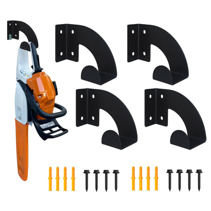 JANSHU chainsaw holder wall mount showing 150 lb capacity for secure garage storage.