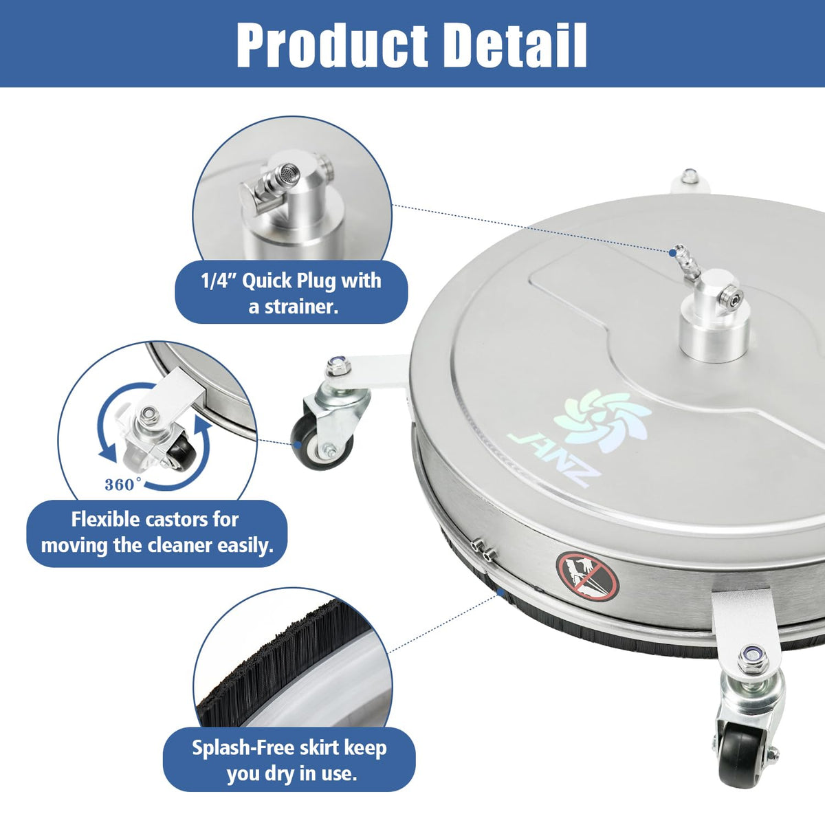 JANZ 20-inch surface cleaner with dual-nozzles delivers faster, even cleaning.