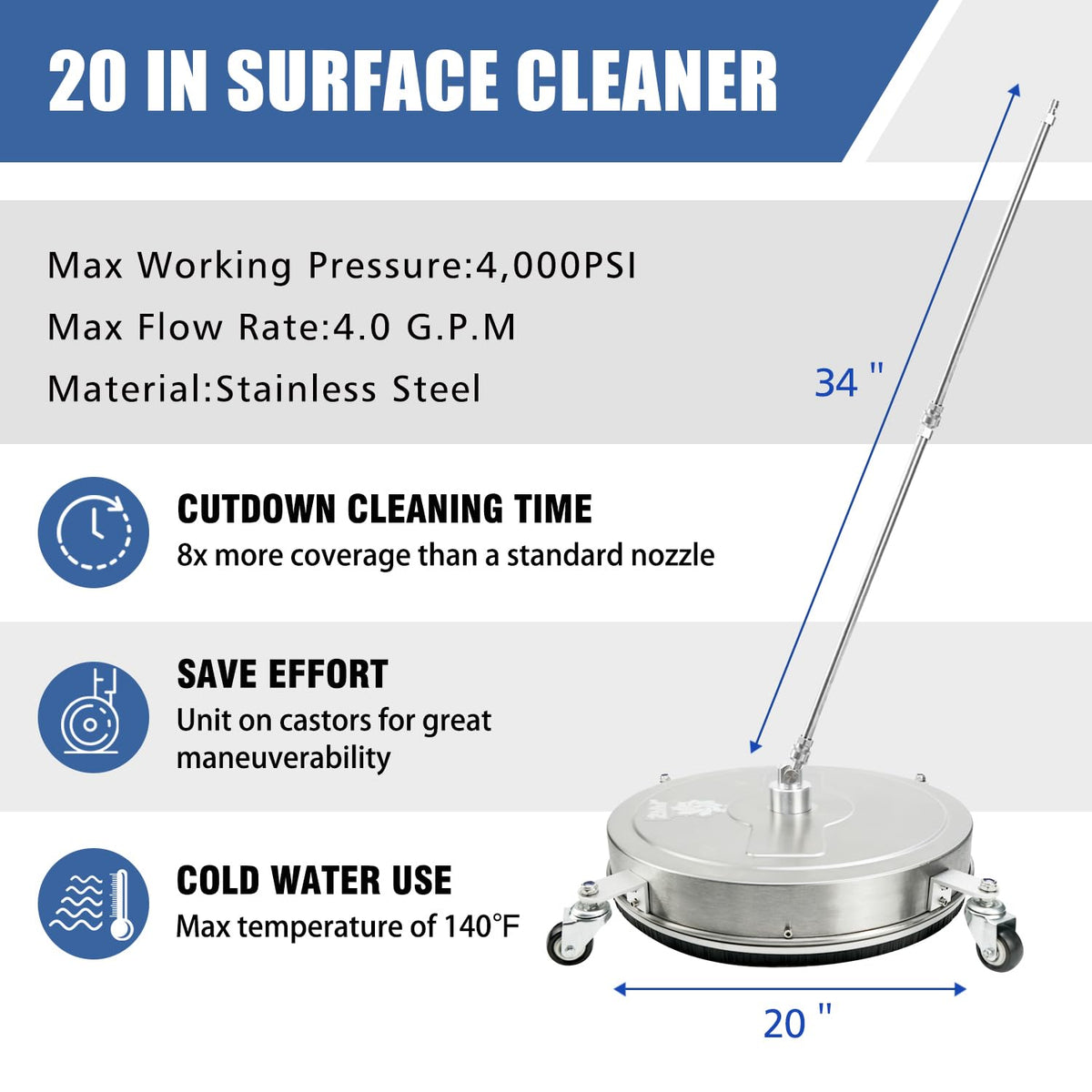 JANZ 20-inch surface cleaner with four wheels enables smooth movement across driveways.