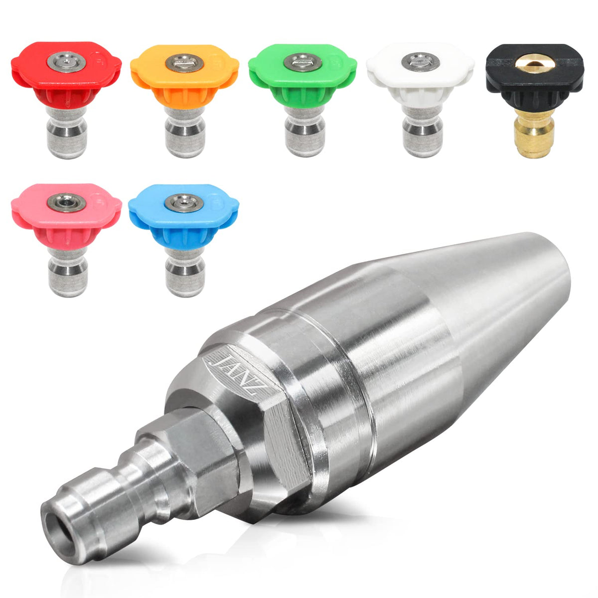 JANZ rotating turbo nozzle powering through tough stains on metal surfaces.