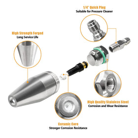 JANZ 15-degree spray tip widening reach for efficient debris removal.