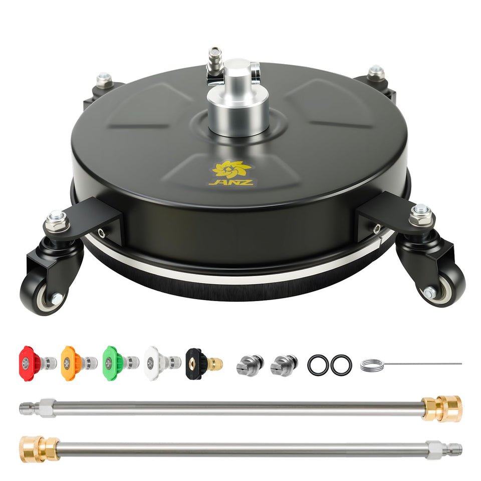 JANZ surface cleaner with 14-inch head cleans wide areas efficiently on driveways.