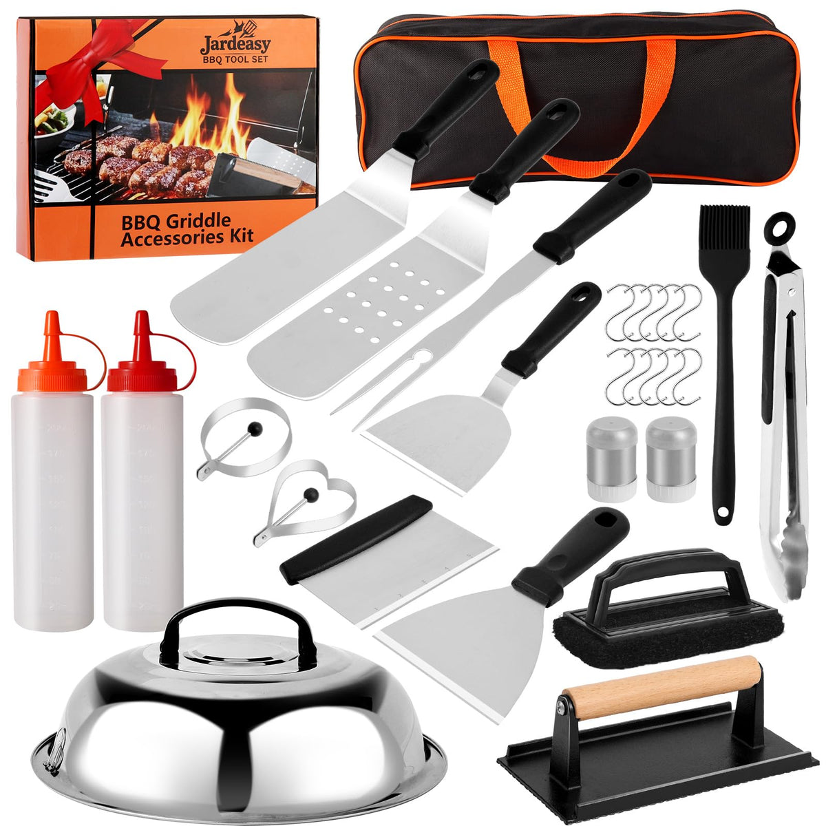 Jardeasy 29-piece grill tools set close-up showcases premium stainless steel shine and durable handles