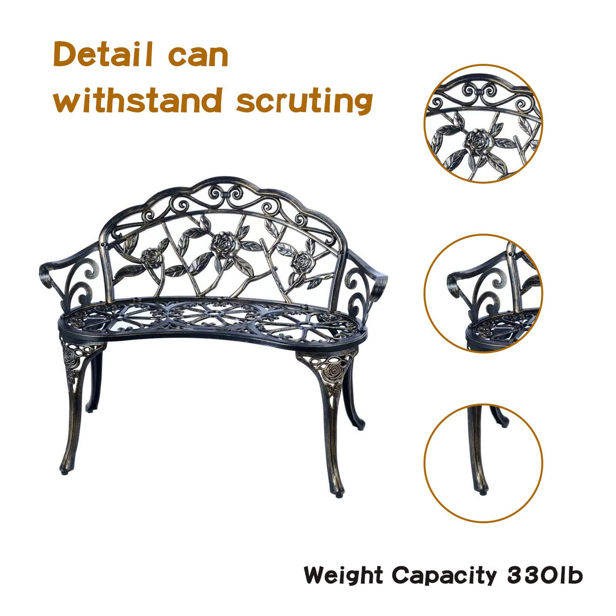 Jardin de Centennial outdoor bench side view showing sturdy frame.