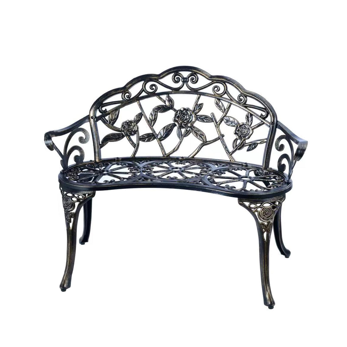 Jardin de Centennial copper patio bench front view shows durable cast aluminum.