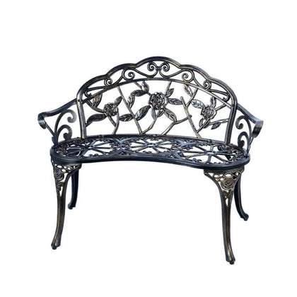 Jardin de Centennial copper patio bench front view shows durable cast aluminum.