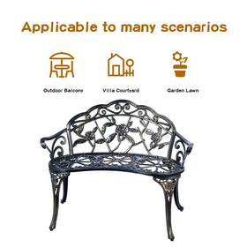 Jardin de Centennial patio bench with floral backrest highlights ergonomic comfort.