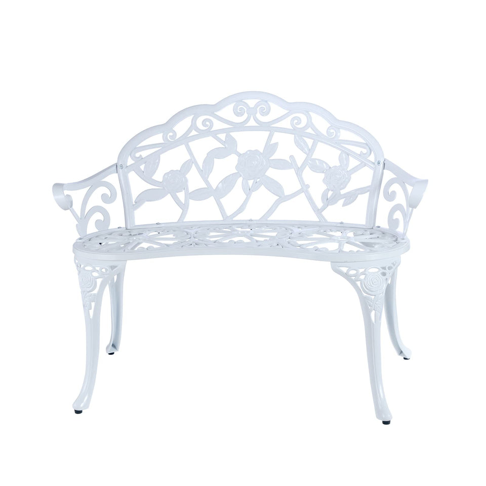 JARDIN DE CENTENNIAL patio bench with floral backrest for elegant garden seating.