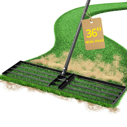 Jardineer 36-inch rake side view with sturdy leveling base for lawns