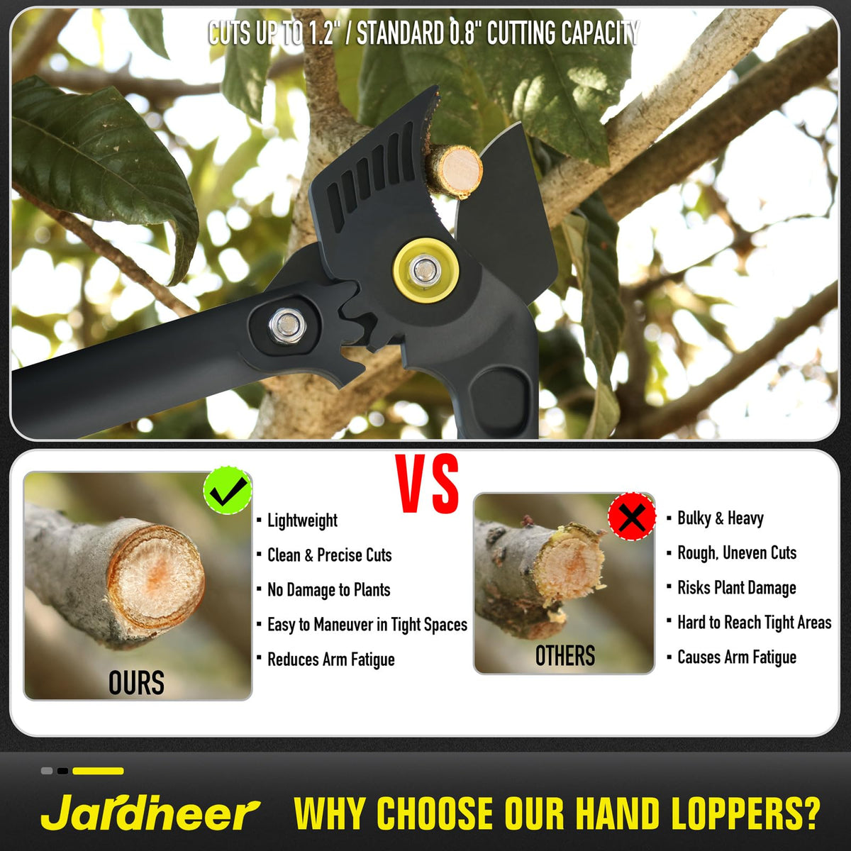 65 manganese steel blade on Jardineer lopper delivers clean, rust-resistant cuts.