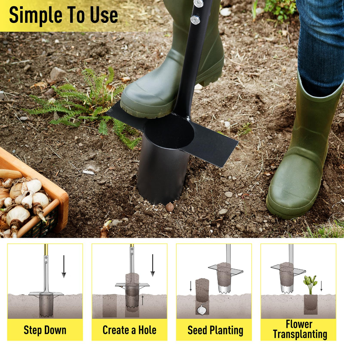 Jardineer Bulb Planter Long Handle side view shows ergonomic grip for comfortable planting.
