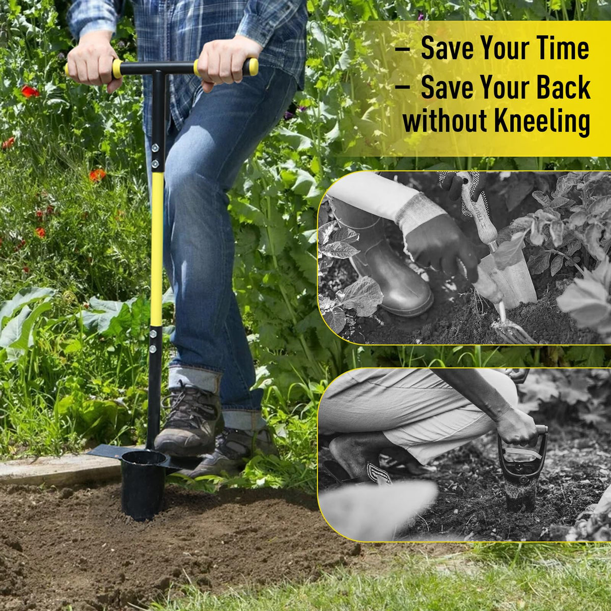 Jardineer Bulb Planter Multi-Purpose design supports transplanting and aeration.