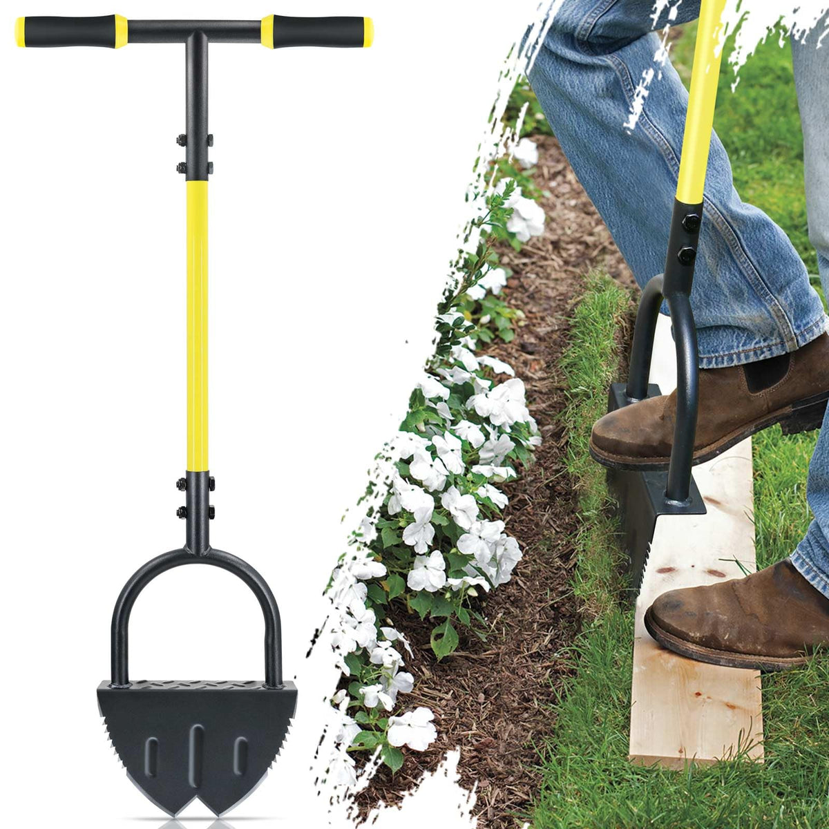 Jardineer manual half-moon edger blade in action for precise lawn edging.