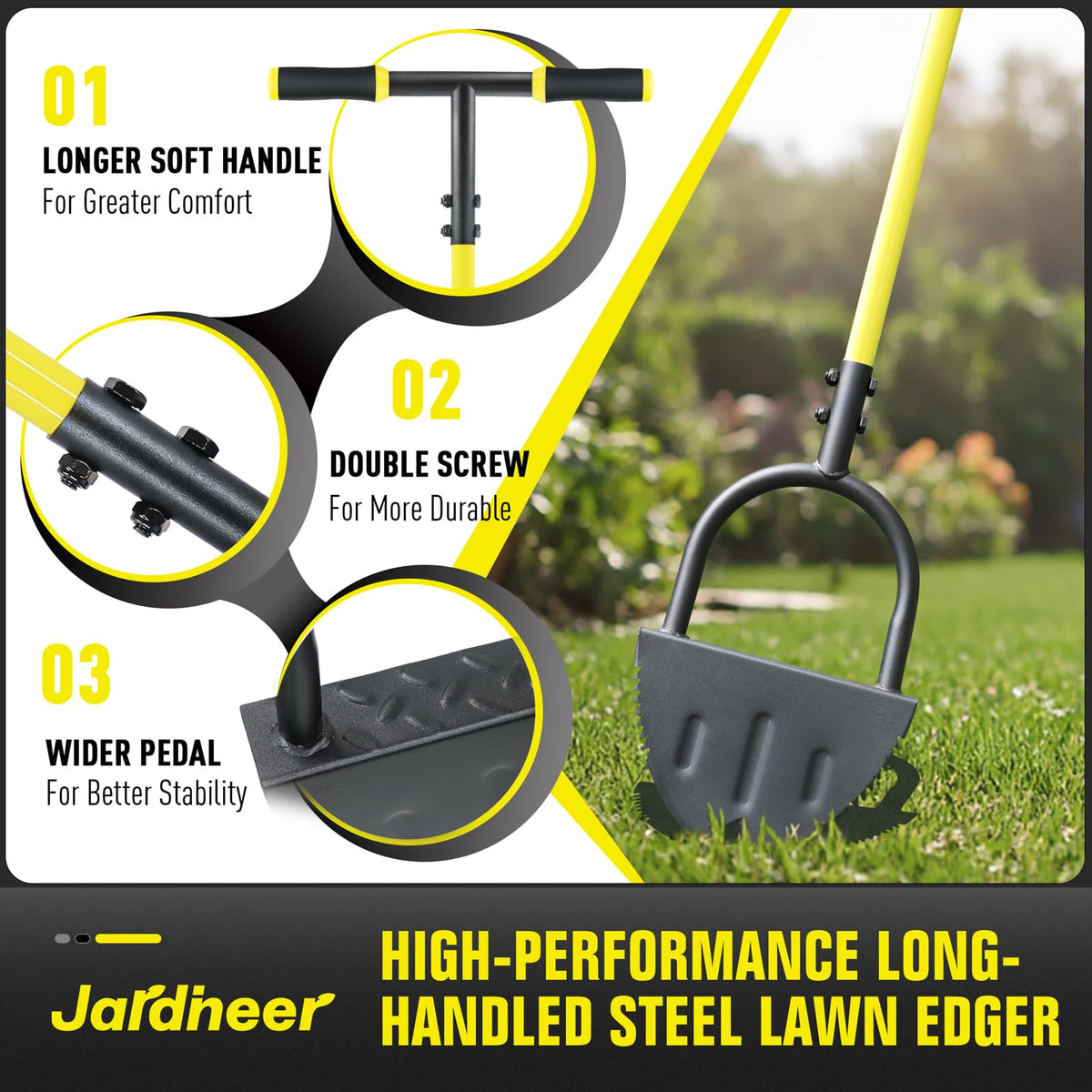 Jardineer edger wide T-shaped handle offers ergonomic grip and stability.