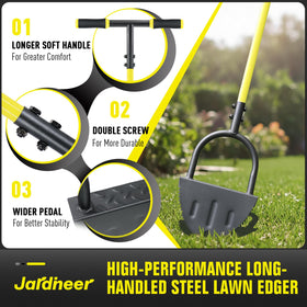 Jardineer edger wide T-shaped handle offers ergonomic grip and stability.