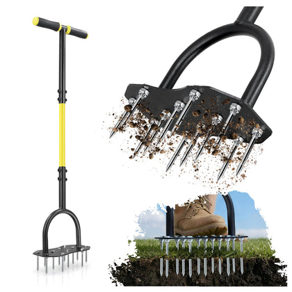 Jardineer lawn aerator with 12 spikes creating deep soil channels.