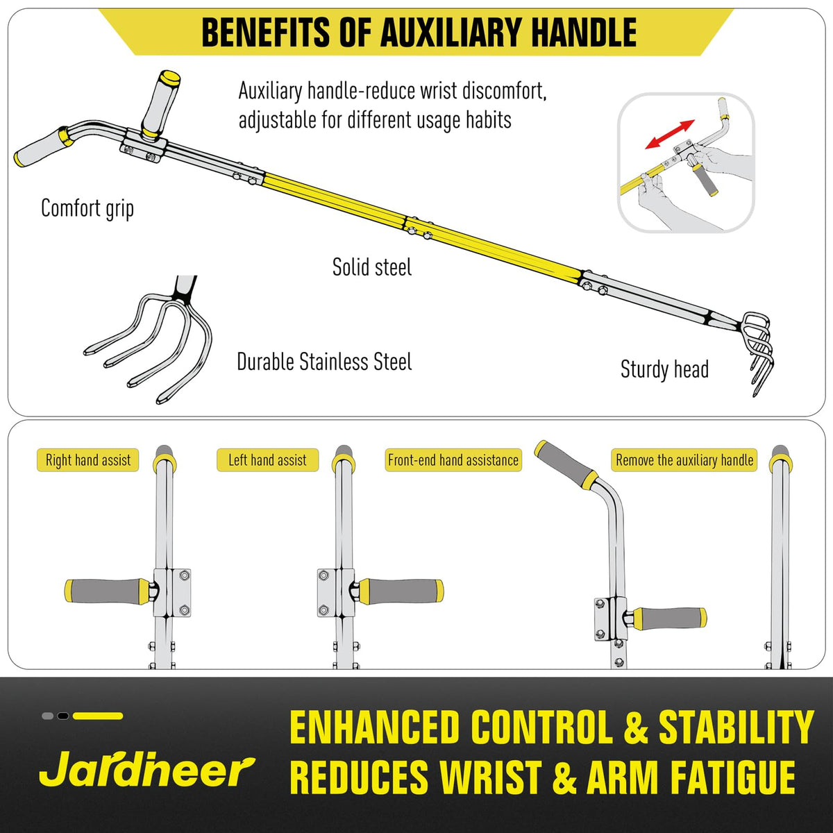 Jardineer long-handle garden tiller for comfortable extended reach
