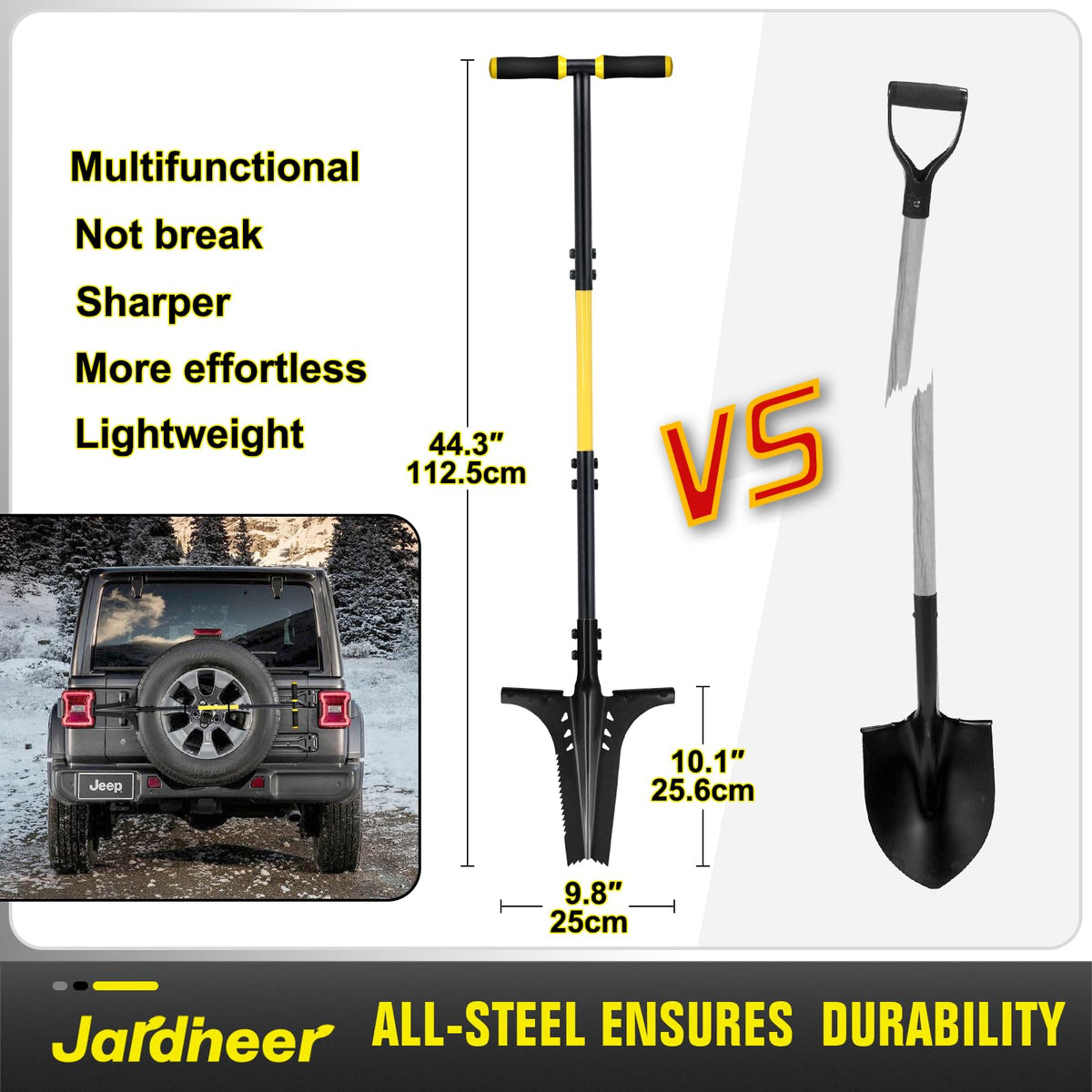 Jardineer root shovel with dimensions 44.3 by 9.8 inches.