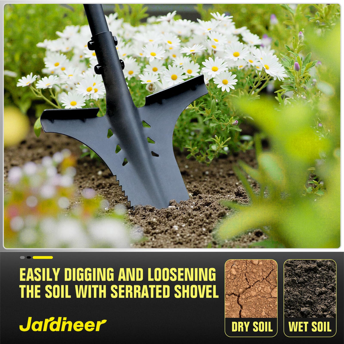 Jardineer root shovel with a T-shaped handle for reduced strain.