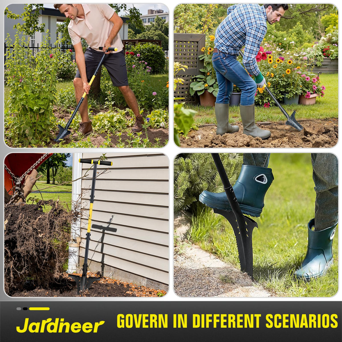 Jardineer shovel in use cutting dense soil in a garden bed.