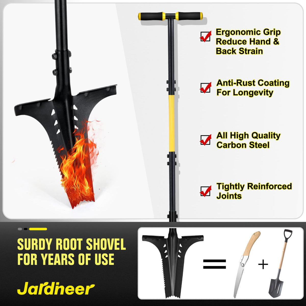 Jardineer root shovel shows root-cutting teeth slicing stubborn roots.
