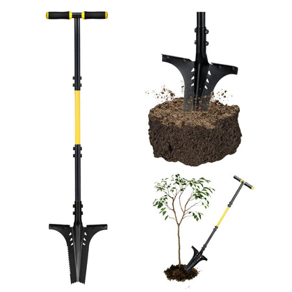 Jardineer root shovel serrated blade close-up for cutting through compact soil.