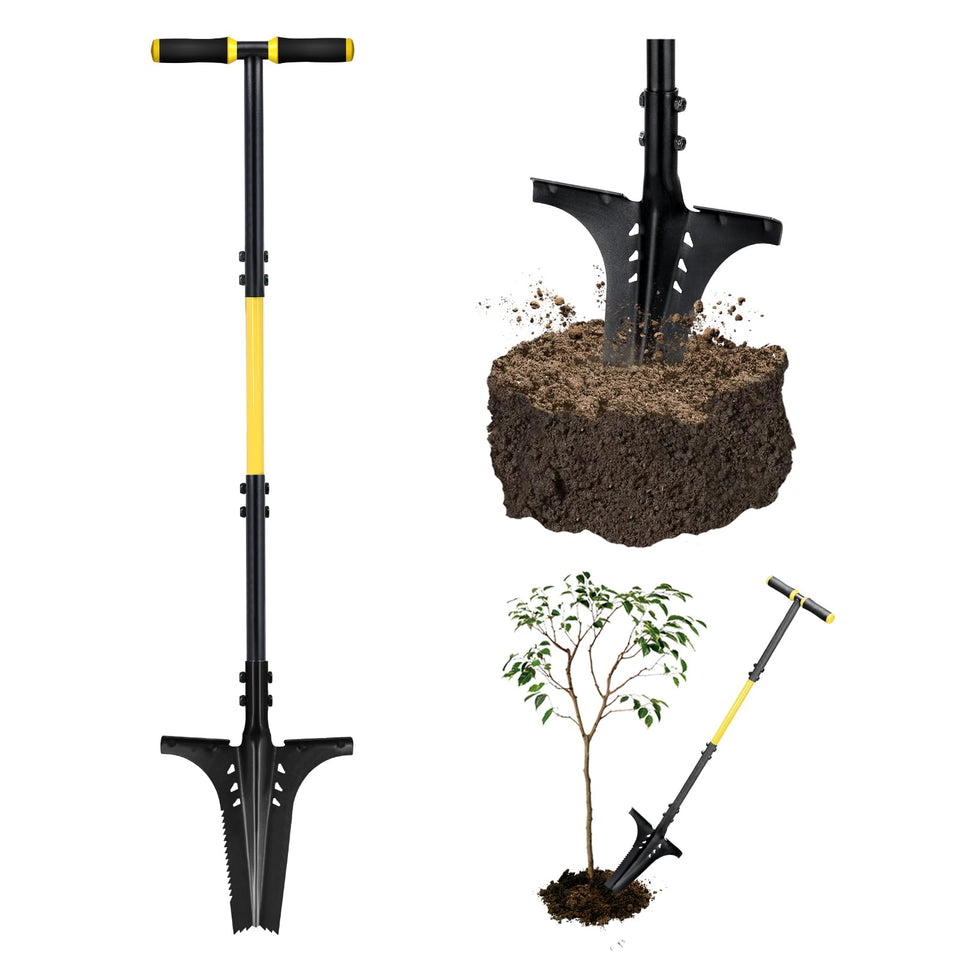 Jardineer root shovel serrated blade close-up for cutting through compact soil.