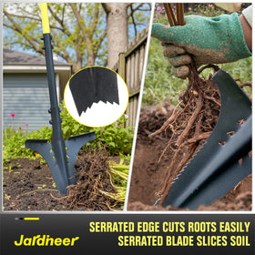 Jardineer root shovel steel head demonstrates durable construction for tough digging.
