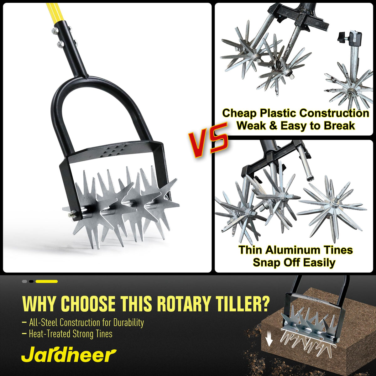 Jardineer Rotary Cultivator ergonomic adjustable handle enhances leverage