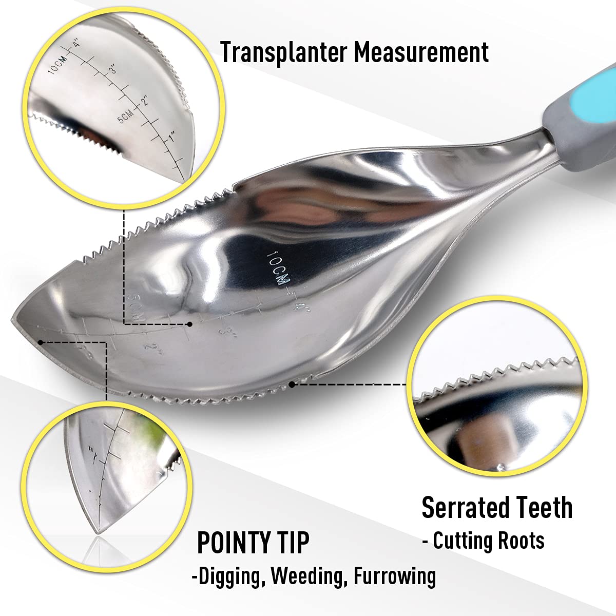 Jardineer trowel serrated edge cuts through roots for easy weeding