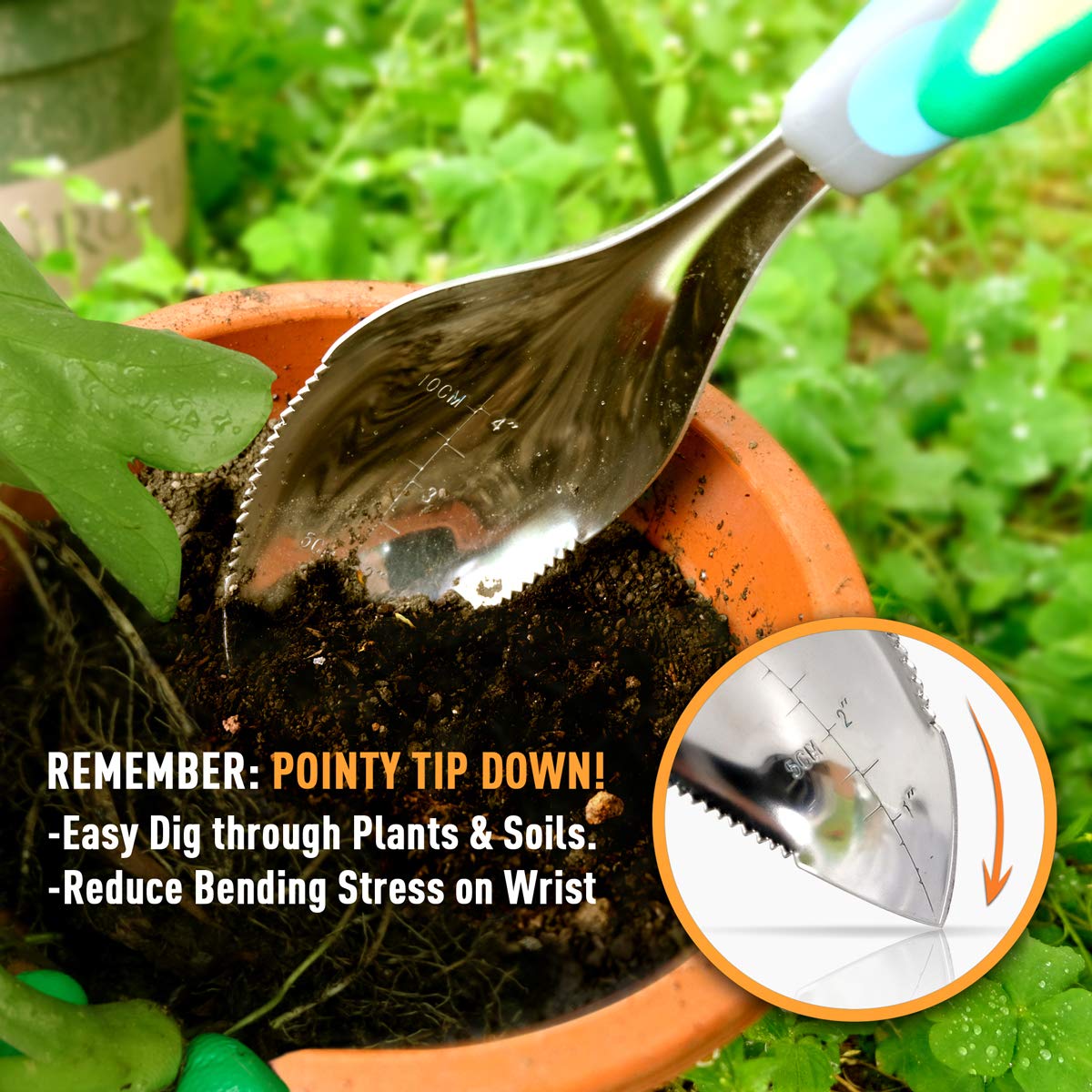 Jardineer trowel close-up of ergonomic handle for reduced hand fatigue