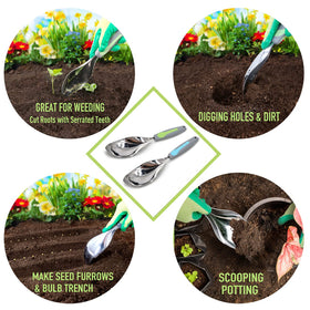 Jardineer 2-pack multi-use tool demonstrates digging, transplanting and soil scooping