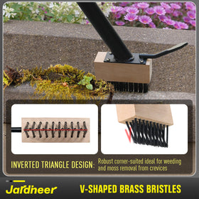 Close-up of Jardineer V-shaped bristles and scraper for deep cleaning between joints