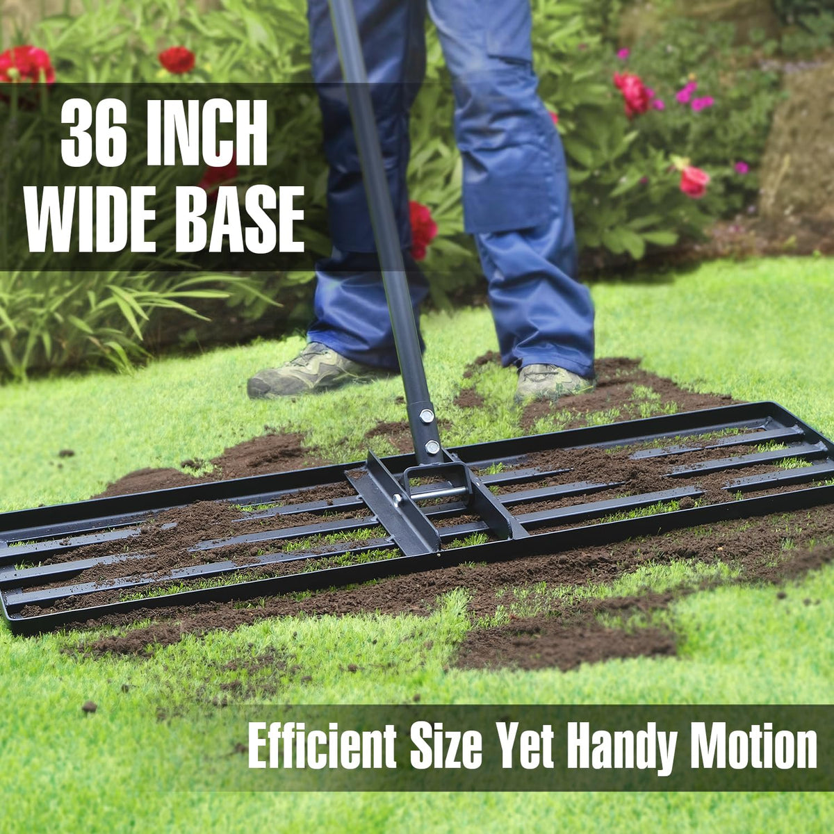 Jardineer leveling rake in action with wide stroke