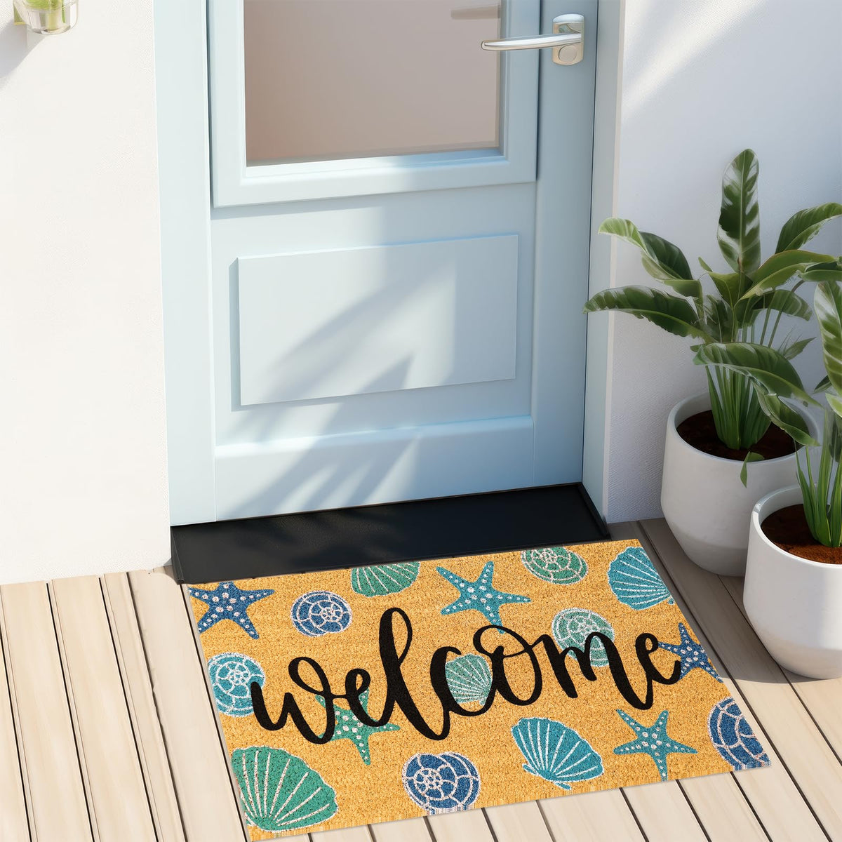 JarThenaAMCS aqua blue beach motif brightens entry while keeping floors cleaner.
