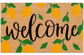 JarThenaAMCS lemon door mat with yellow welcome motif and dirt-scraping fibers