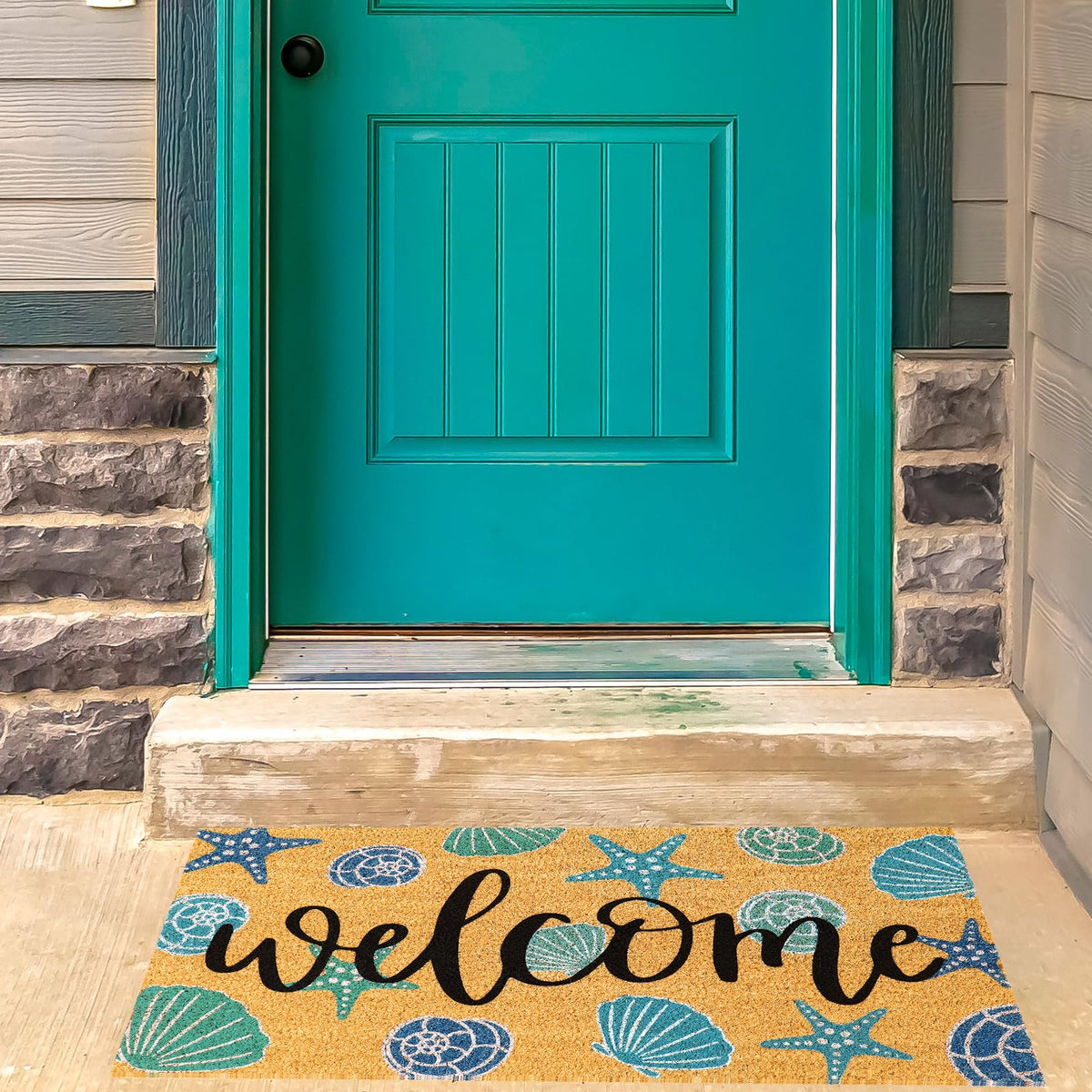 JarThenaAMCS seashell mat suits indoor and outdoor doors for seasonal decor.